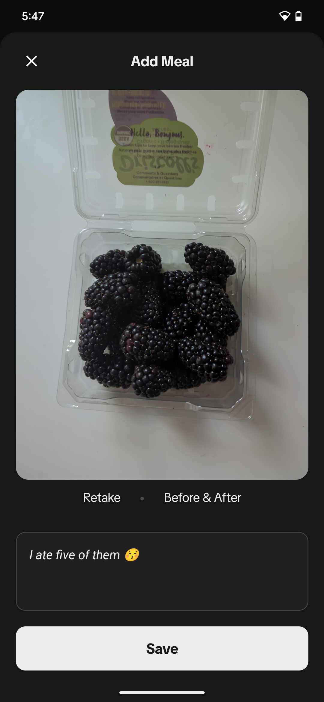 Add meal page with comment entered